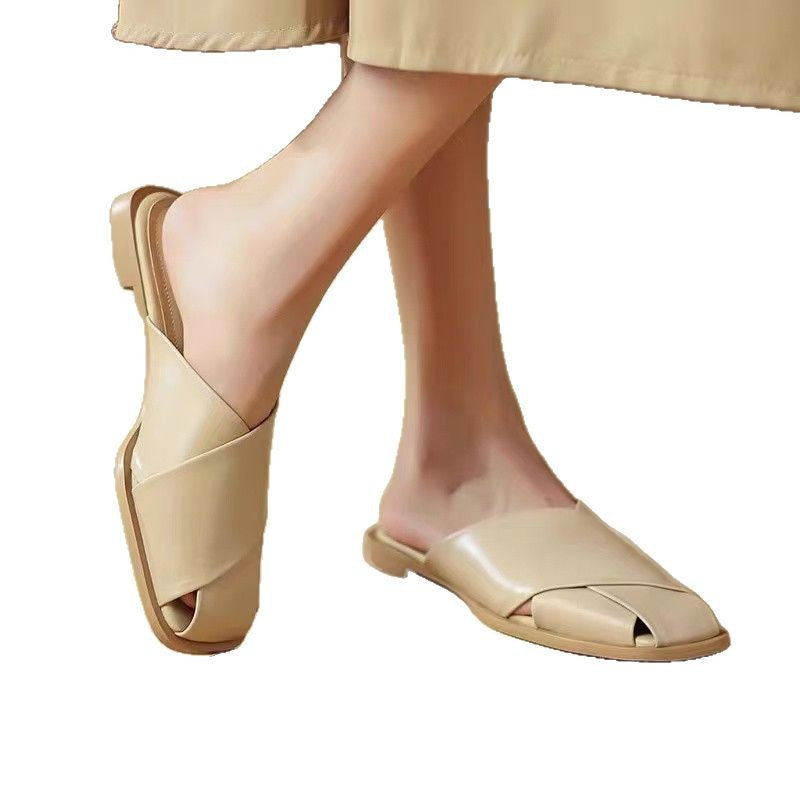 Women's Black Leather Cross Strap Flat Mule Slides ? Minimalist Open Toe Slip-On Summer Shoes