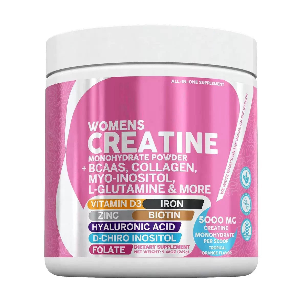 Women's Creatine Monohydrate Powder 5000mg | BCAAs + Collagen + Myo-Inositol + Hyaluronic Acid + Biotin | Tropical Orange Flavor 269g