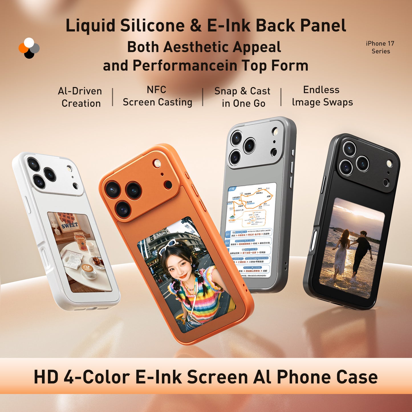 Smart Photo Display iPhone Case | AI App-Controlled Back Screen, Custom Image Refresh in 3 Steps ? Orange