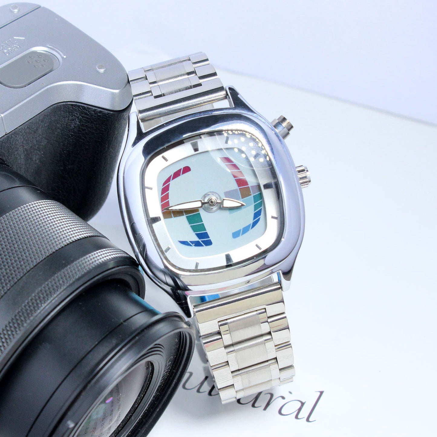 Men's Retro Cushion Square Watch | Red Grid Dial Domed Crystal Silver Stainless Steel Vintage Style Quartz Watch