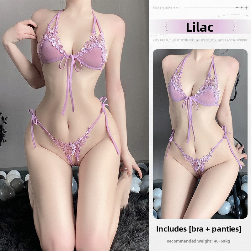 Women's Pink Floral Lace Halter Bra & Thong Lingerie Set ? Sexy 2-Piece Tie Side Intimate Set