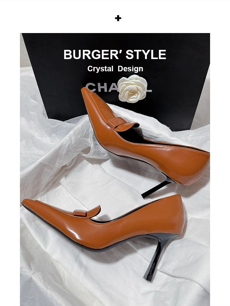 Tan Caramel Leather Bow Detail Pointed Toe Stiletto Pumps | Women's Chic High Heel Court Shoes