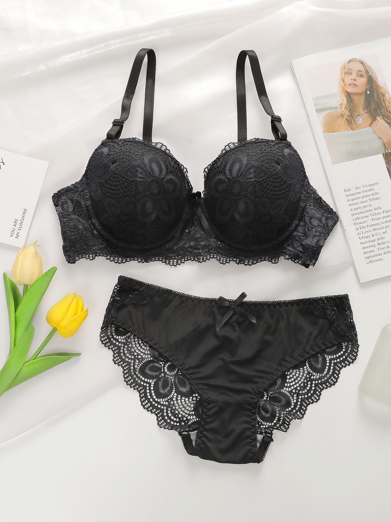 Women's Black Floral Lace Push-Up Bra & Panty Set | Padded Underwire Bralette with Matching Bikini Brief | Elegant Everyday Lingerie Set