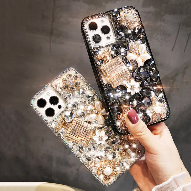 Luxury Bling Rhinestone Phone Case with Red Crystal Gems, Pearl Flowers & Perfume Bottle Design | Glitter Diamond Cover for iPhone