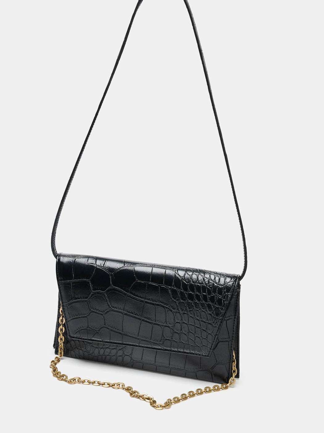 ZARA Black Croc Embossed Shoulder Bag - Glossy Crocodile Pattern Flap Bag | Minimalist Envelope Crossbody Purse