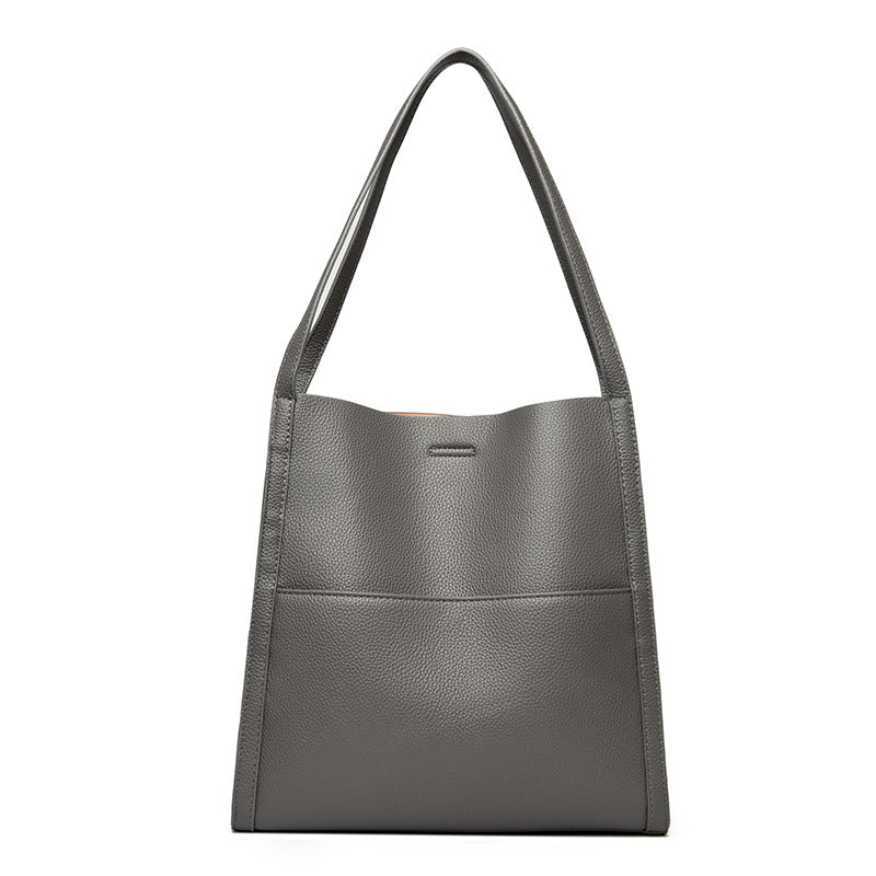 Black Leather Tote Bag with Front Slip Pocket | Minimalist Shoulder Bag