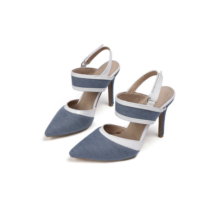 Blue Denim White Trim Pointed Toe Slingback Stiletto Heels | Women's Two-Tone Casual Chic High Heel Pumps