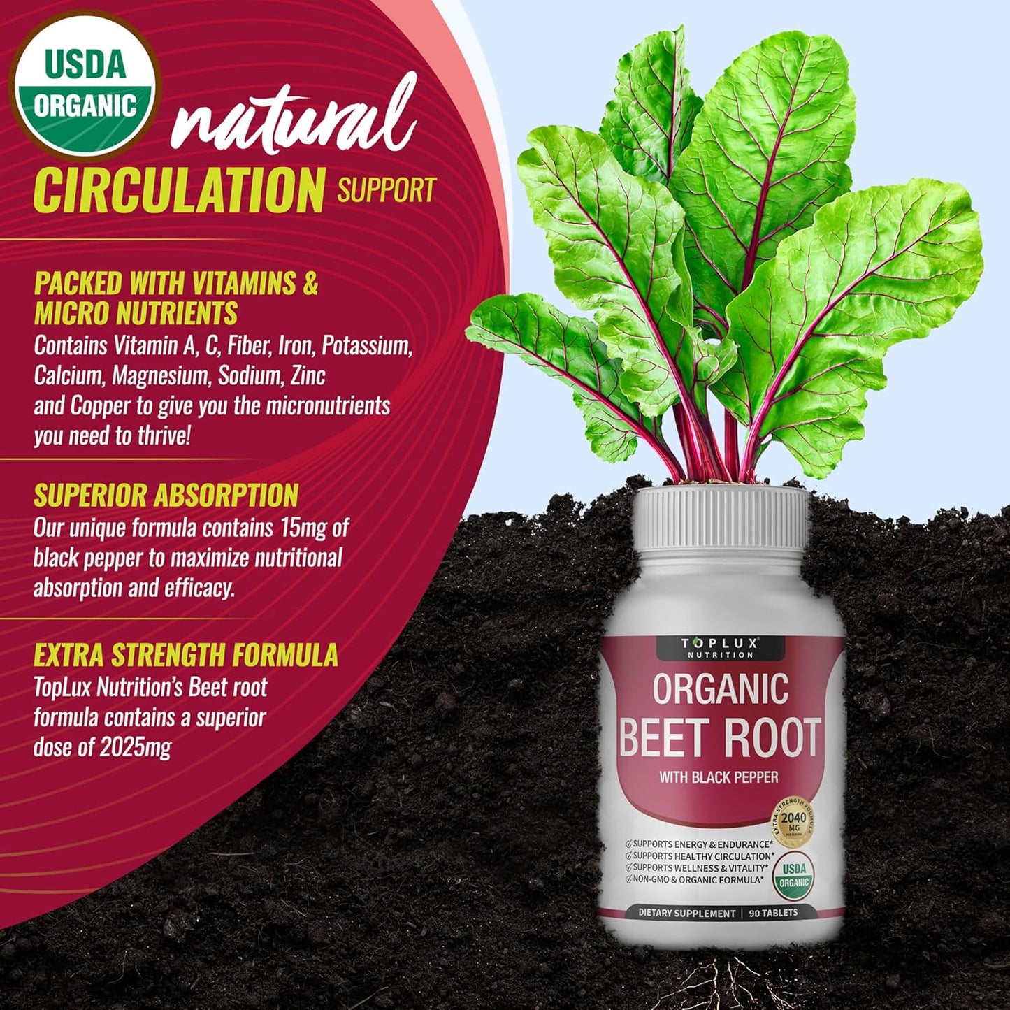 Toplux Organic Beet Root 2040mg | Energy & Antioxidant Support | USDA Organic Non-GMO | 90 Tablets