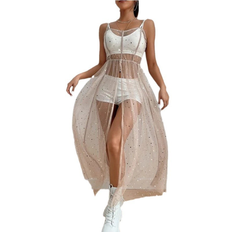 Glitter Star Mesh Maxi Overlay Dress | Sheer Sparkle Spaghetti Strap High Slit | Festival Rave Party See Through Dress Women Multiple Colors