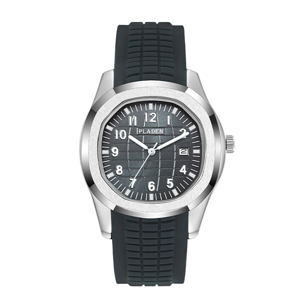 Pladen Men's Sport Watch | Grey Textured Dial Silver Case Black Rubber Strap Aquanaut Style Date Watch