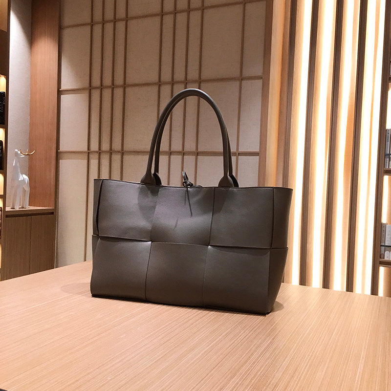 Women's Genuine Leather Woven Tote Bag - Large Intrecciato Weave Handbag in Tan Cognac Brown - Luxury Structured Top Handle Shopper Bag - Designer Inspired Everyday Work Bag