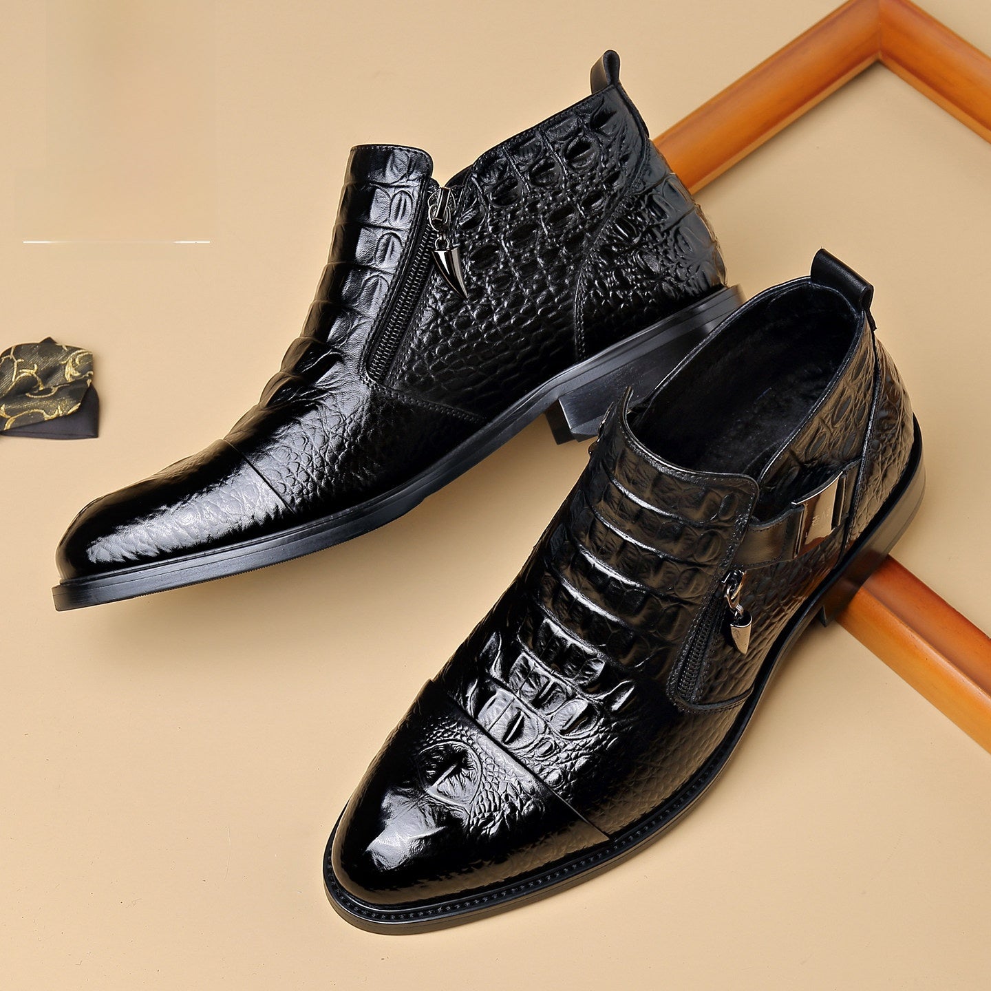 Men's Brown Croc Embossed Monk Strap Zip Ankle Dress Boots