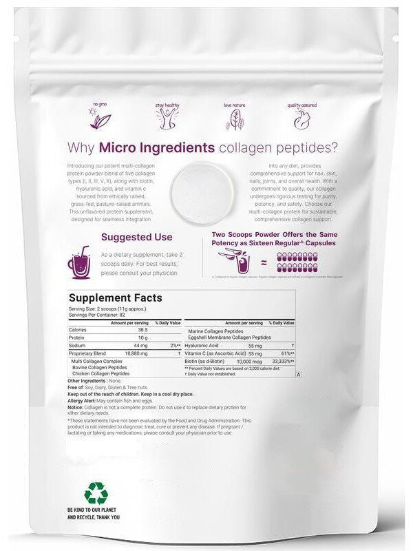 Micro Ingredients Multi Collagen Peptides Powder | Types I II III V X with Biotin Vitamin C & Hyaluronic Acid ? Unflavored 1lb | GMO Free Grass Fed