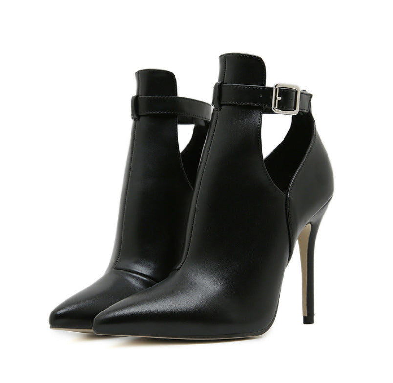 Women's Black Stiletto Ankle Boots | Pointed Toe | Buckle Strap | Cutout Detail | High Heel Fashion Boots