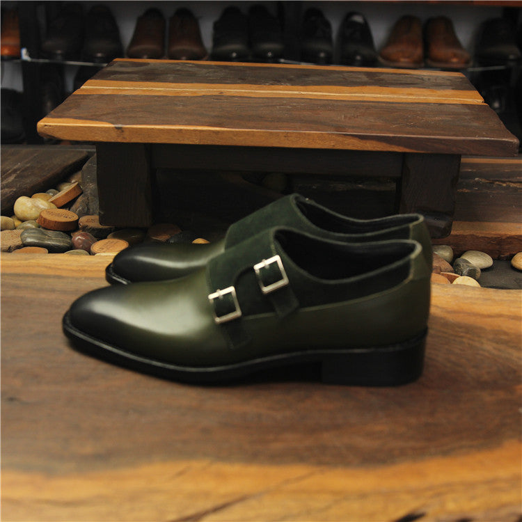 Men's Olive Green Double Monk Strap Dress Shoes | Leather & Suede Square Toe Formal Oxford