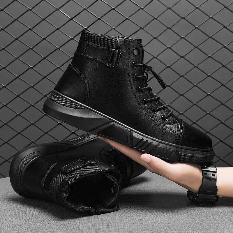 Mens Black High Top Leather Sneakers with Buckle Strap Lace Up Ankle Boots Casual Platform Street Style Shoes for Everyday Outdoor and Fashion
