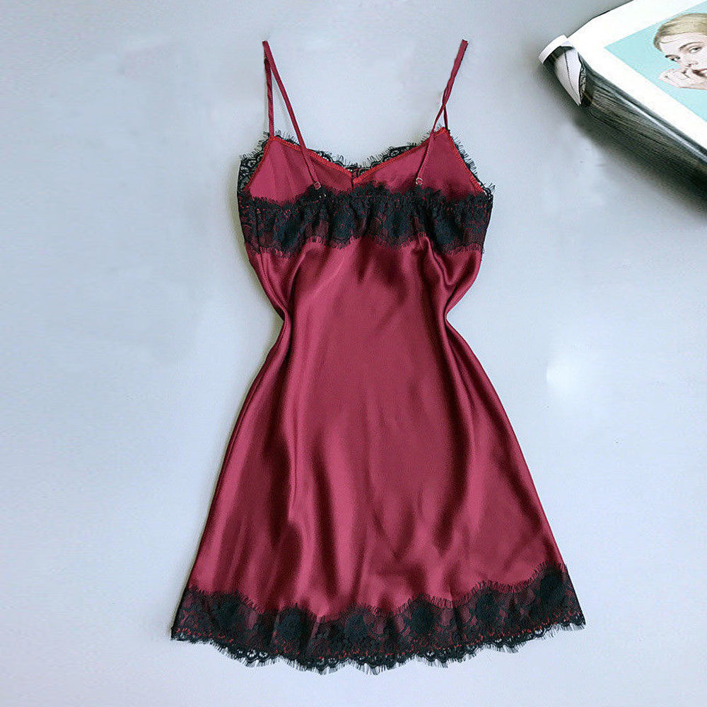 Women's Burgundy Satin Black Eyelash Lace Trim Slip Nightgown Sexy V Neck Sleeveless A-Line Mini Sleep Dress Chemise
