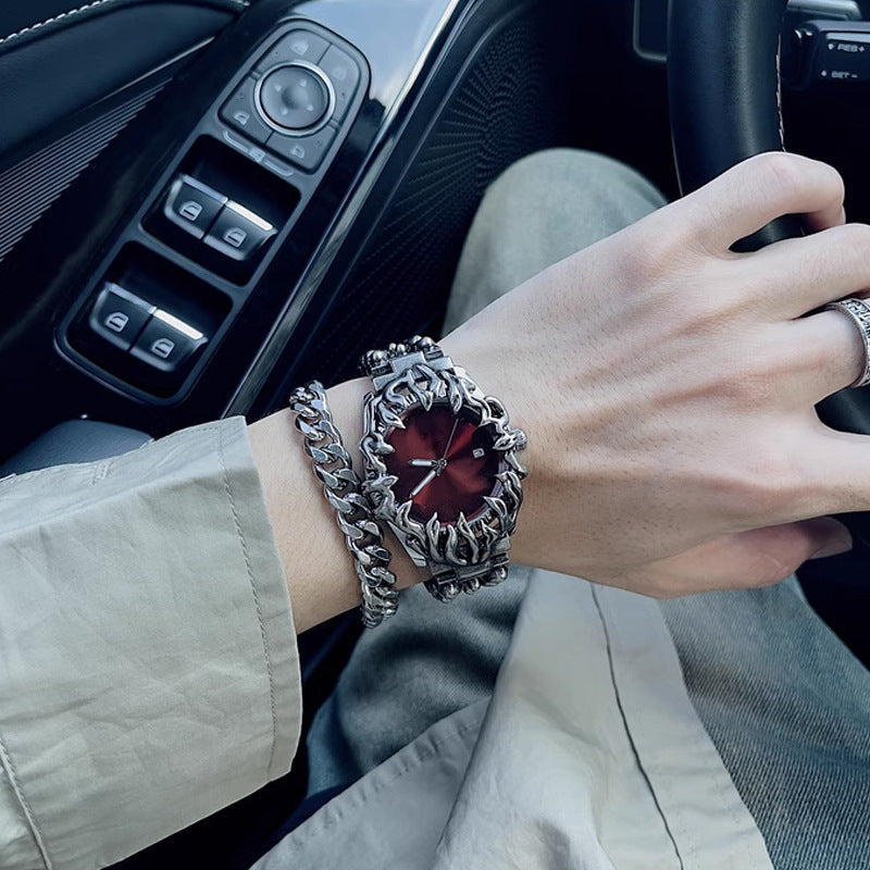 Men's Gothic Flame Watch | Red Dial Silver Flame Bezel Punk Vintage Quartz Date Stainless Steel Statement Watch