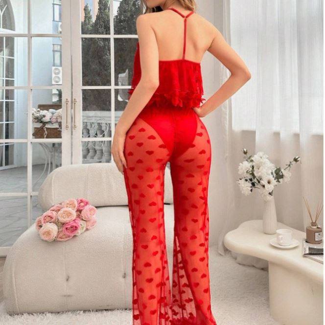 Women's Red Lace Ruffle Cami Top & Heart Print Mesh Wide Leg Pants Set | 2-Piece Romantic Lingerie Loungewear | Valentine's Day Outfit