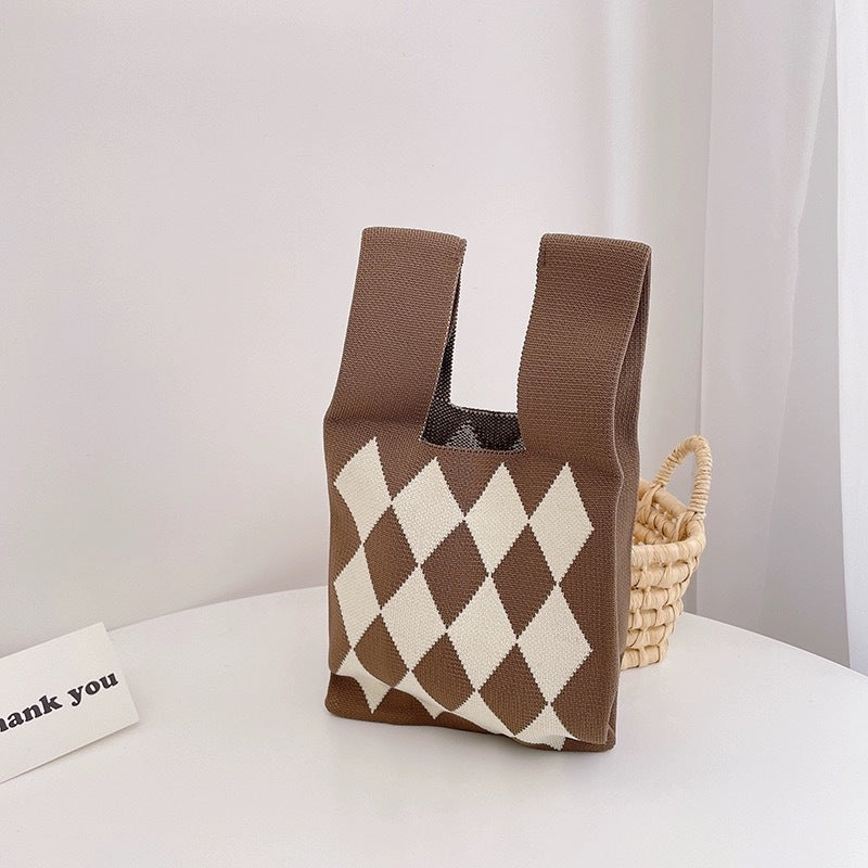 Black & White Geometric Knit Tote Bag | Aztec Pattern Wrist Handle Handbag | Boho Crochet Style Women's Bag