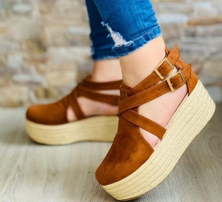 Tan Brown Suede Cross Strap Espadrille Platform Sandals for Women | Double Buckle Ankle Strap Wedge Flatform Sandals | Boho Rope Sole Summer Sandals | Casual Chic Platform Wedge Shoes
