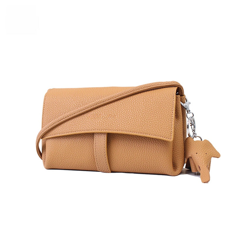Beige Pebbled Leather Crossbody Bag - Soft Slouchy Shoulder Bag with Dog Charm | Minimalist Wide Strap Purse