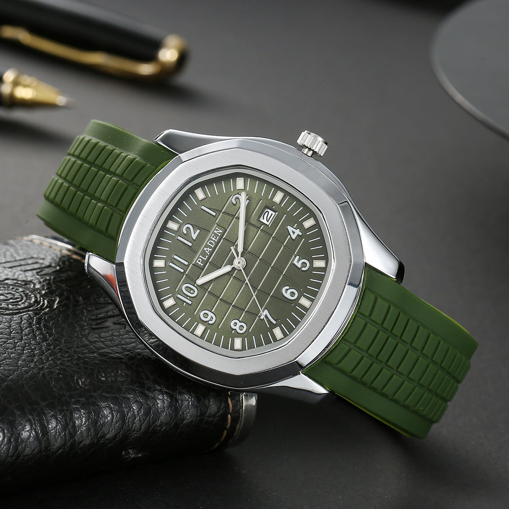 Pladen Men's Sport Watch | Grey Textured Dial Silver Case Black Rubber Strap Aquanaut Style Date Watch