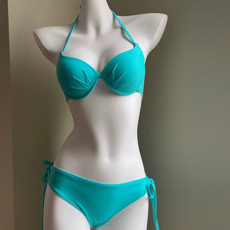 Completo Bikini Fantasia Pied de Poule | Top Push Up Halter Bianco Nero & Slip con Laccetti | Costume da Bagno Due Pezzi Stampa Retrò da Donna
