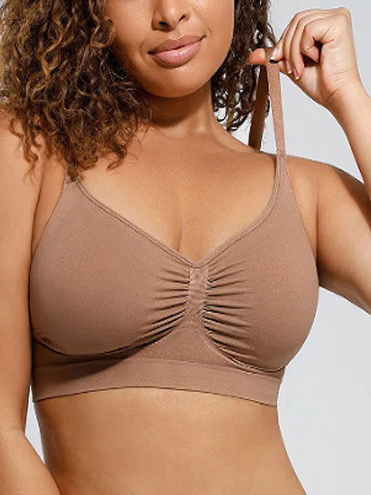 Women's Black Seamless Wireless Bra with Ruched Front Detail, Thin Adjustable Straps and V Neckline for Plus Size
