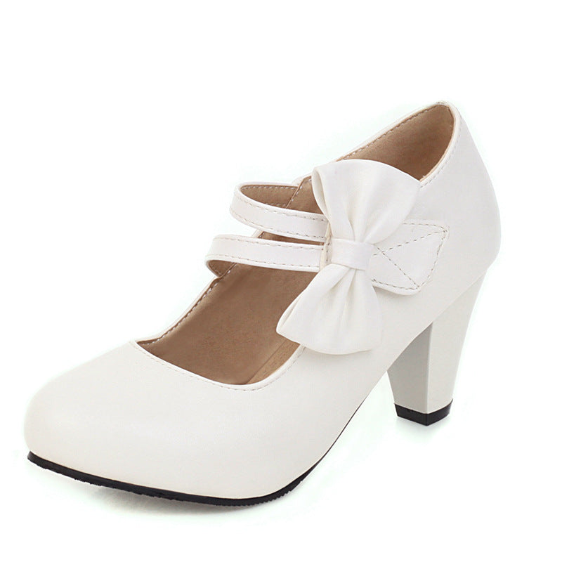 White Bow Mary Jane Block Heel Pumps | Women's Round Toe Ankle Strap Chunky Heel Shoes | Sweet Lolita Bridal Heels