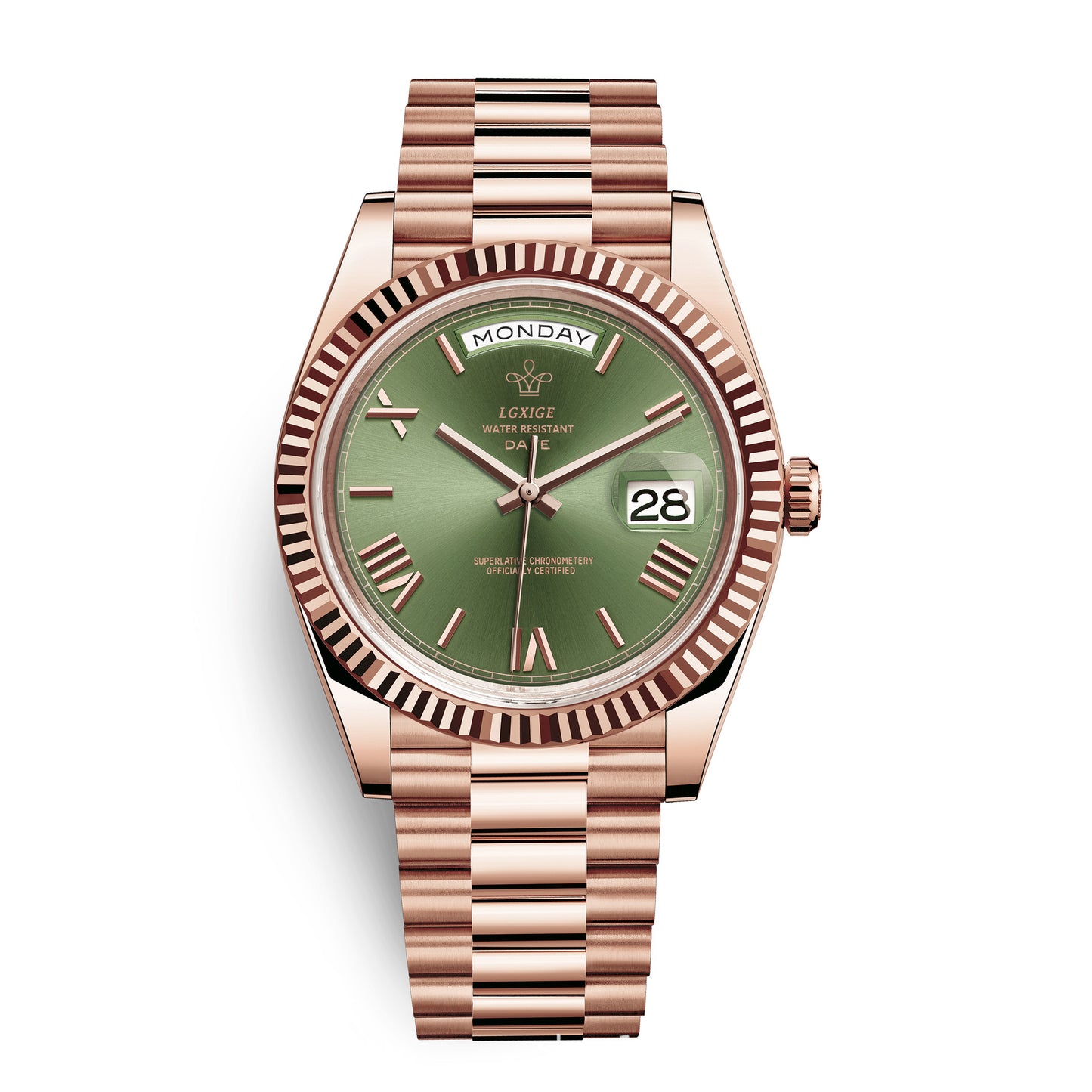 LGXIGE Men's Gold Day-Date Watch | Champagne Dial Fluted Bezel Presidential Bracelet Roman Numeral Luxury Watch