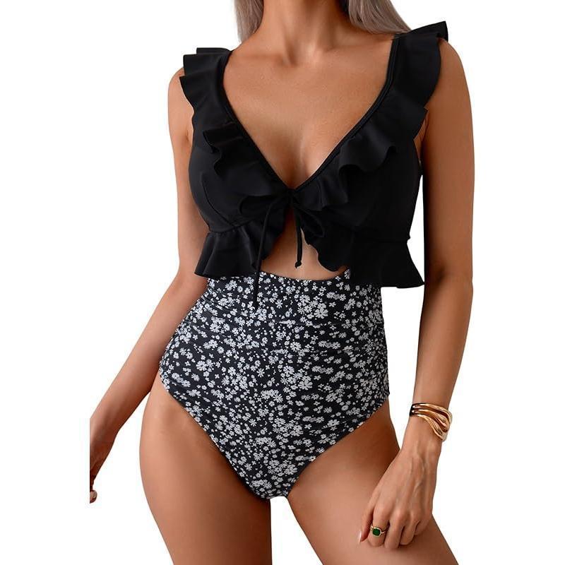 Teal Ruffle V-Neck Tie Front Cutout One Piece Swimsuit | High Waist Ruched Monokini | Women's Elegant Swimwear
