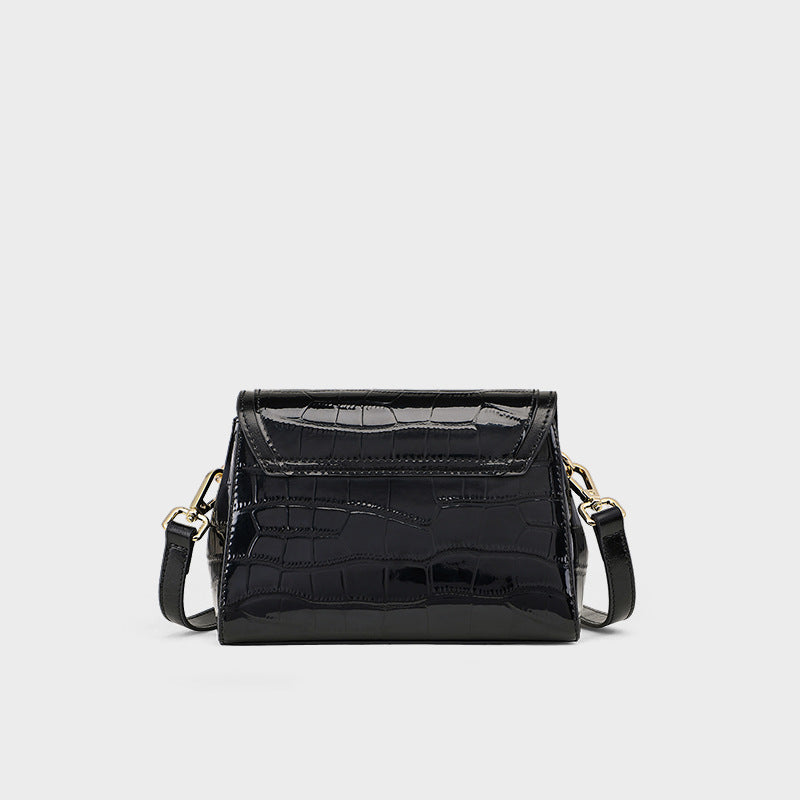 Black Crocodile Embossed Leather Crossbody Bag - Structured Flap Shoulder Bag with Lock Closure | Women's Classic Handbag
