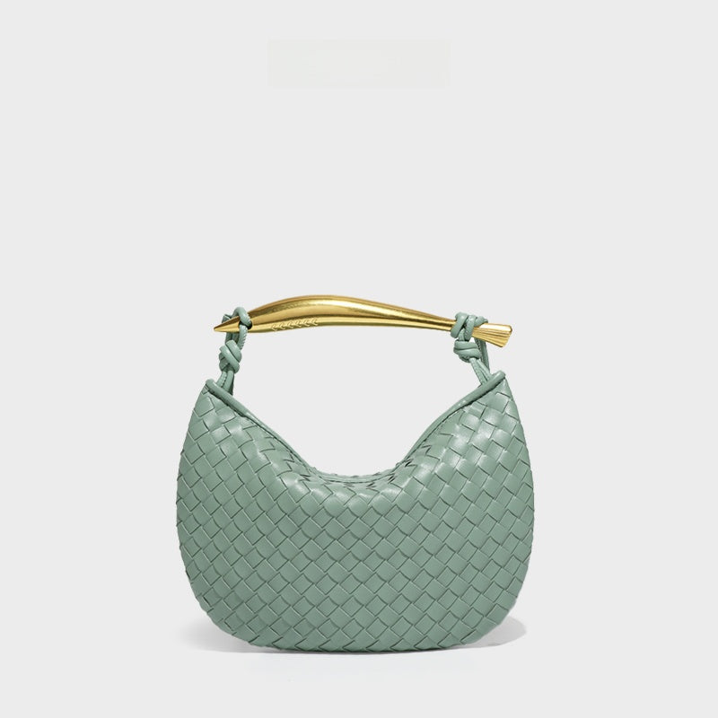 Burgundy Woven Leather Hobo Bag with Gold Handle | Intrecciato Crescent Shoulder Bag