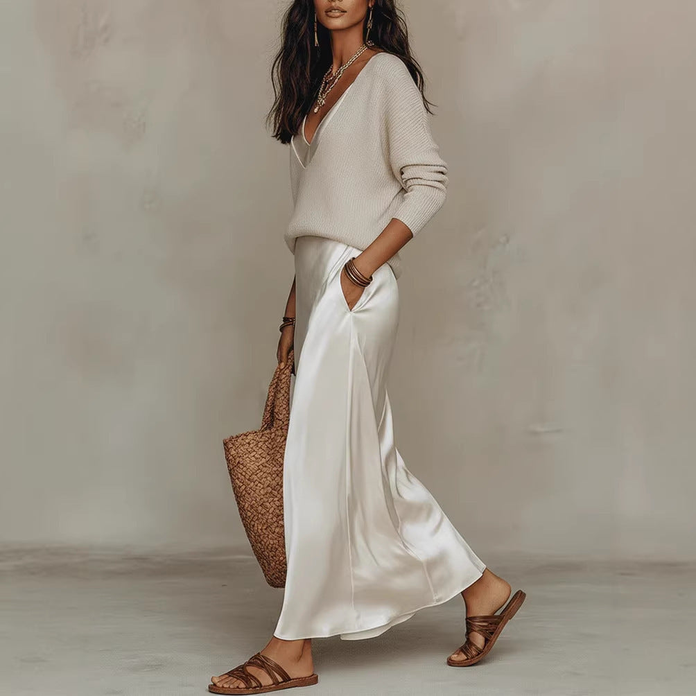 Ivory Satin Slip Maxi Skirt | Silky Bias Cut Long Skirt for Women | Elegant Party, Brunch & Everyday Wear