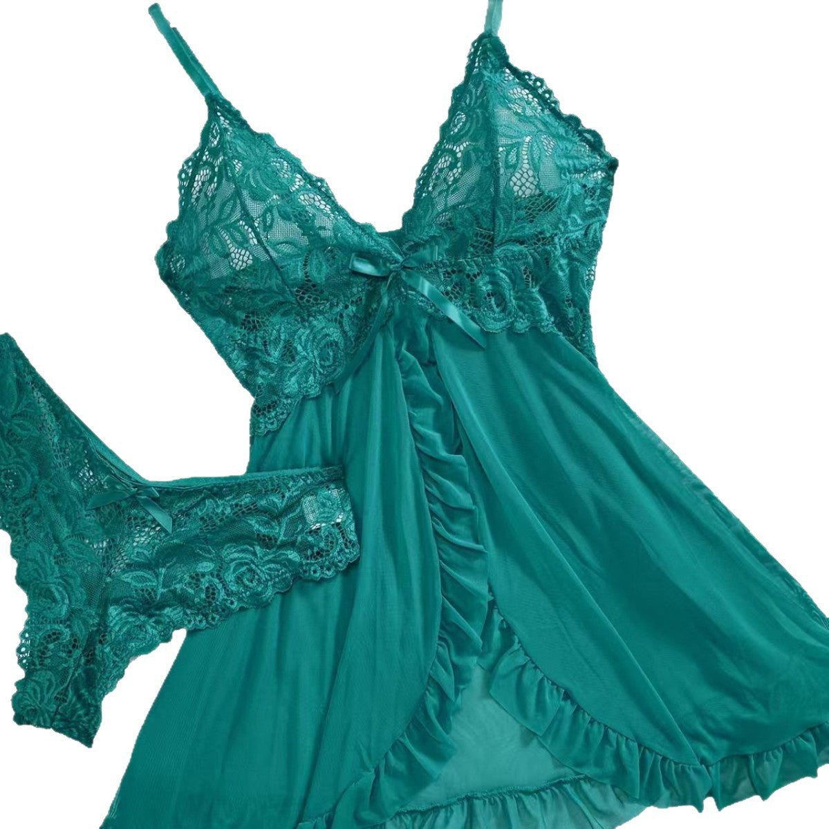 Women's Lace Babydoll Lingerie Dress Sexy Deep V Bow Front Sheer Mesh Mini Chemise Sleepwear 6 Colors