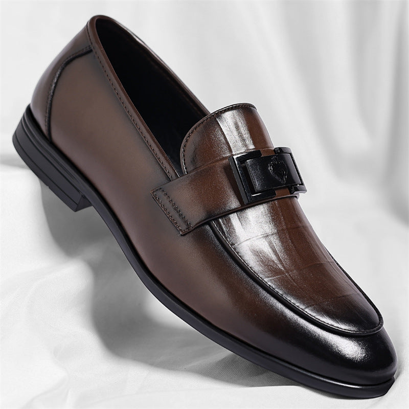 Men's Dark Brown Leather Loafers | Black Metal Hardware Strap Pointed Toe Luxury Dress Shoes