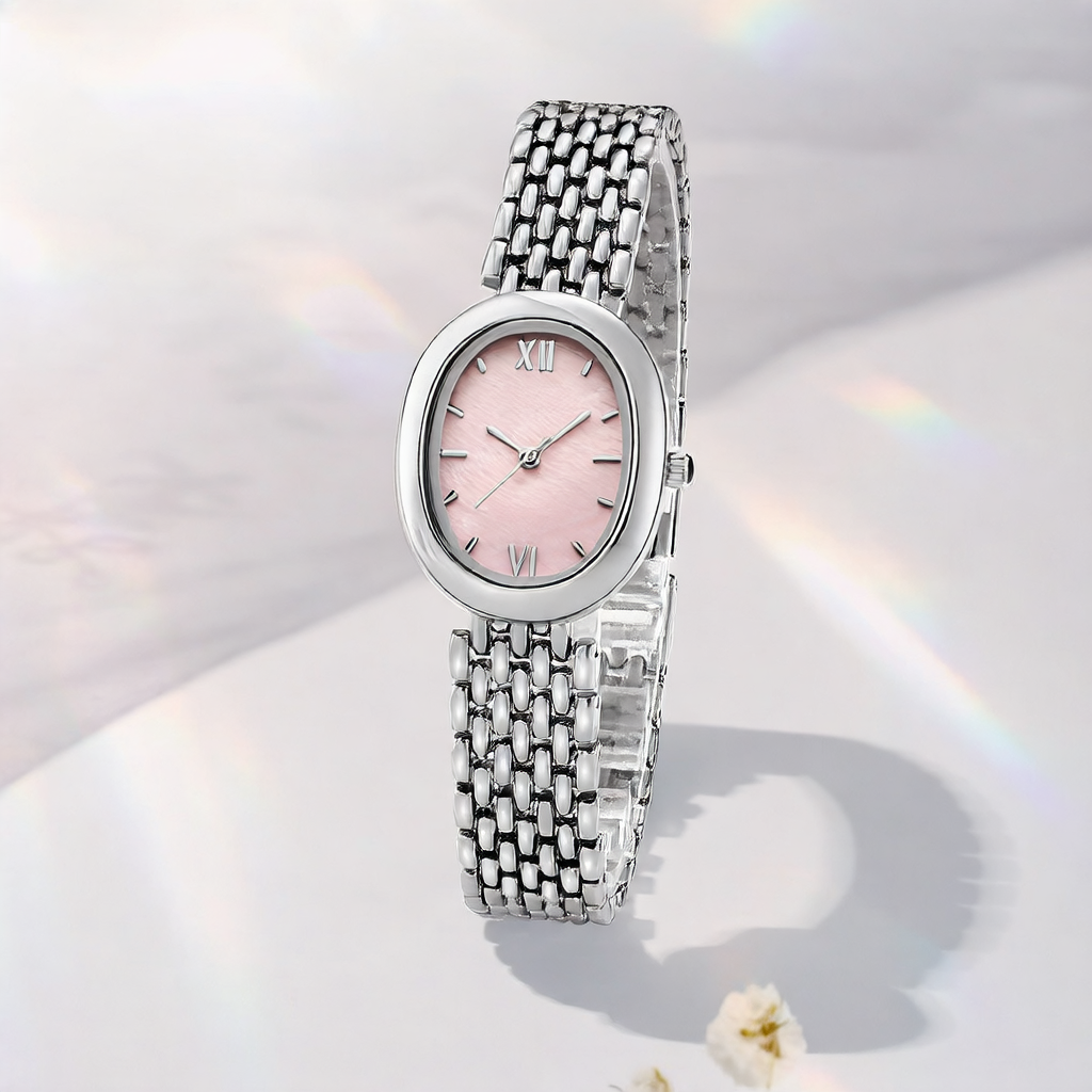 Oval Mother of Pearl Watch Women | Blue Shell Dial Roman Numerals | Silver Brick Bracelet | Elegant Quartz Dress Watch