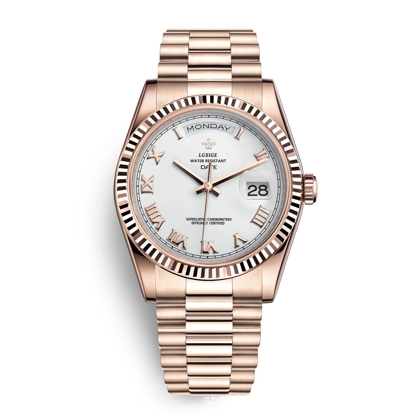 LGXIGE Men's Gold Day-Date Watch | Champagne Dial Fluted Bezel Presidential Bracelet Roman Numeral Luxury Watch
