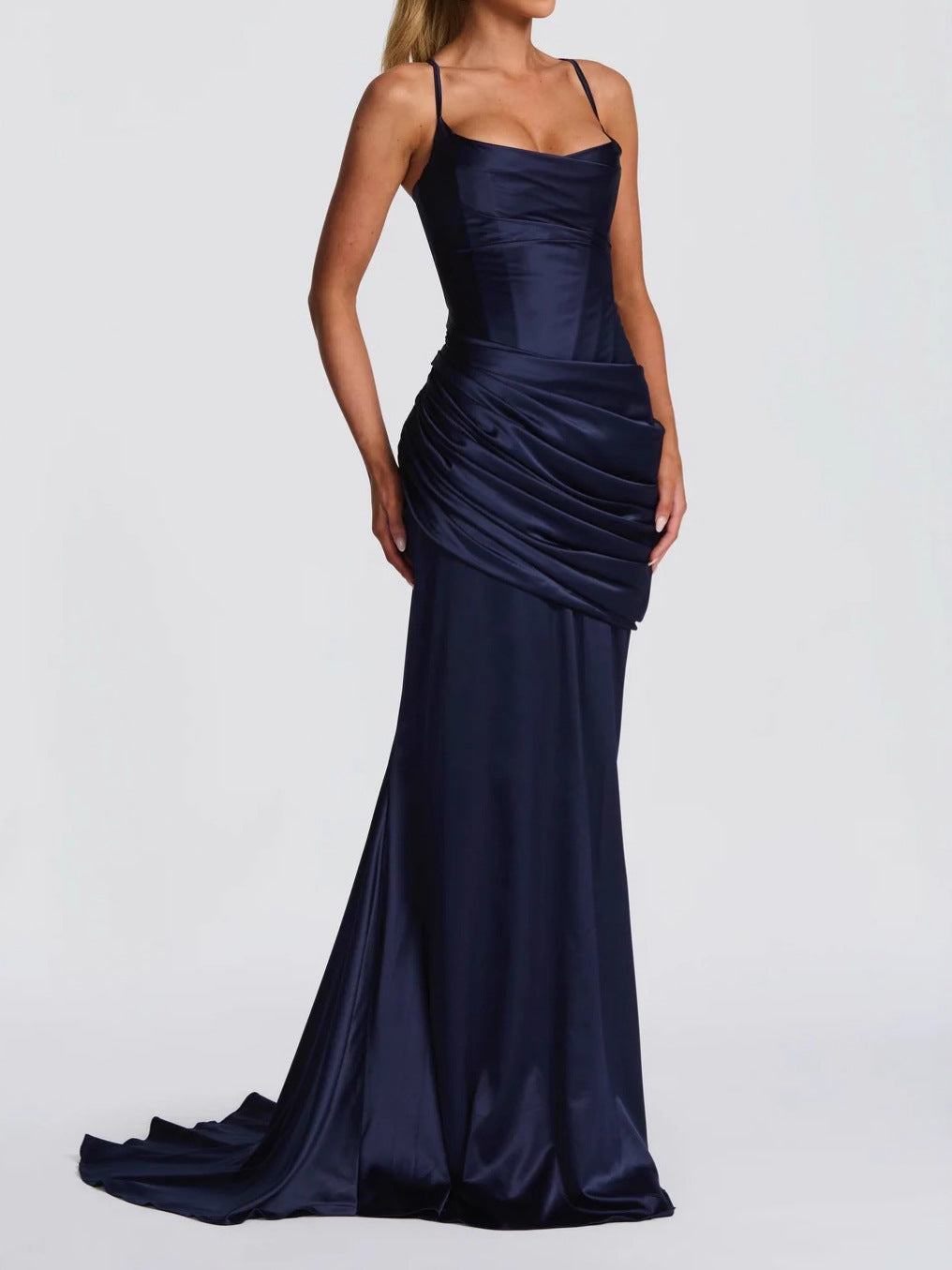 Women's Navy Blue Satin Mermaid Maxi Dress | Ruched Detail | Spaghetti Straps | Formal Evening Gown