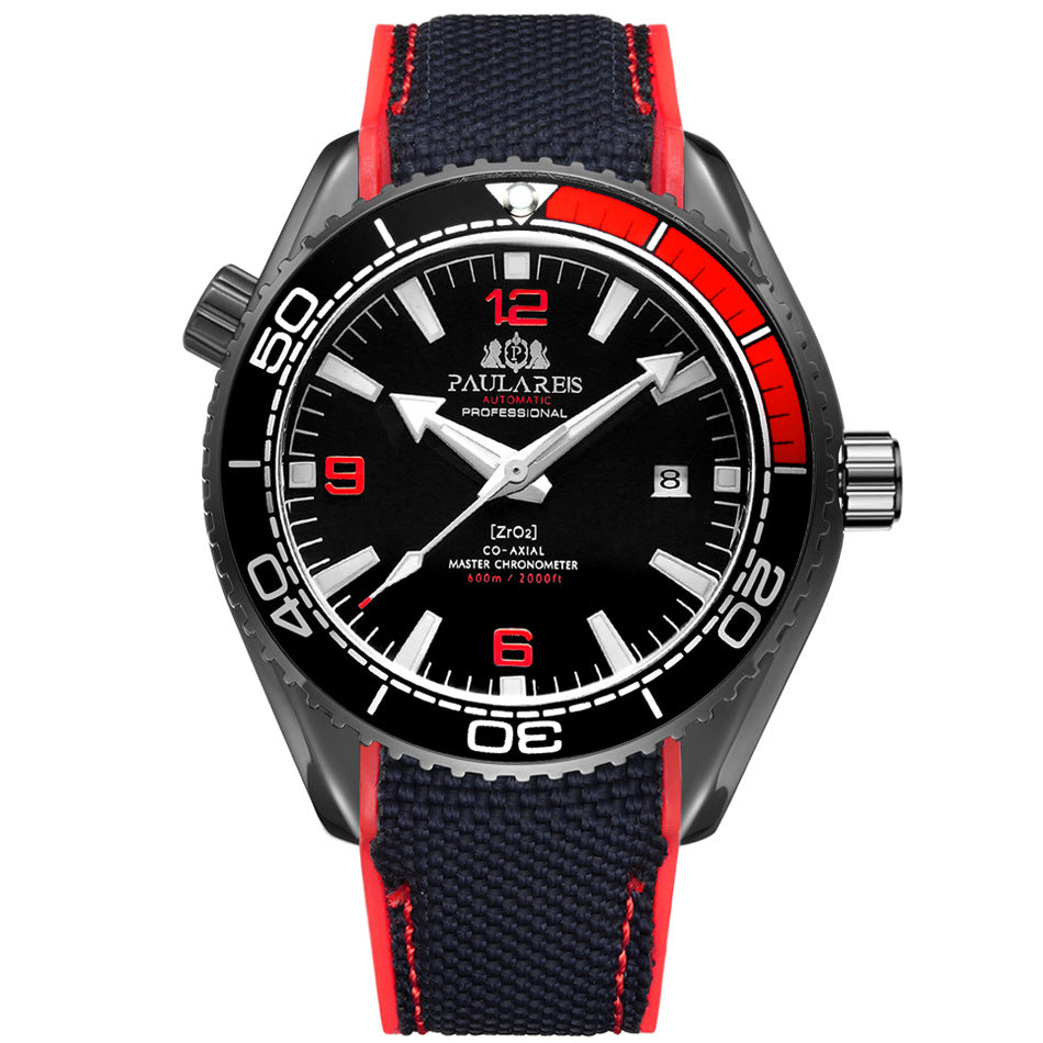 Paulares Professional Herren-Taucheruhr | Cremefarbenes Zifferblatt, orangefarbene Lünette, graues NATO-Nylonarmband, Meisterchronometer, Sportuhr 