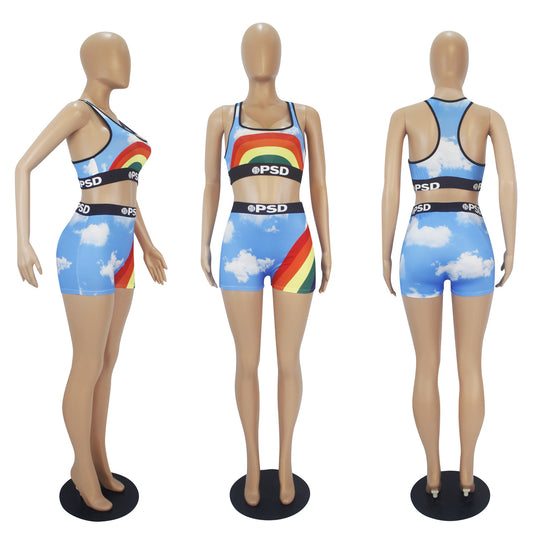 Graphic Print Crop Top & Biker Shorts Set | Sporty Streetwear Two Piece Lounge Set | Rainbow Leopard Zebra Cow Print Women Multiple Styles