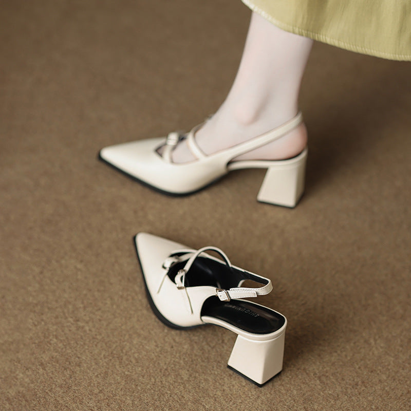 Black Leather Double Buckle Strap Pointed Toe Slingback Block Heel Pumps | Women's Mary Jane Style Mid Heel Shoes