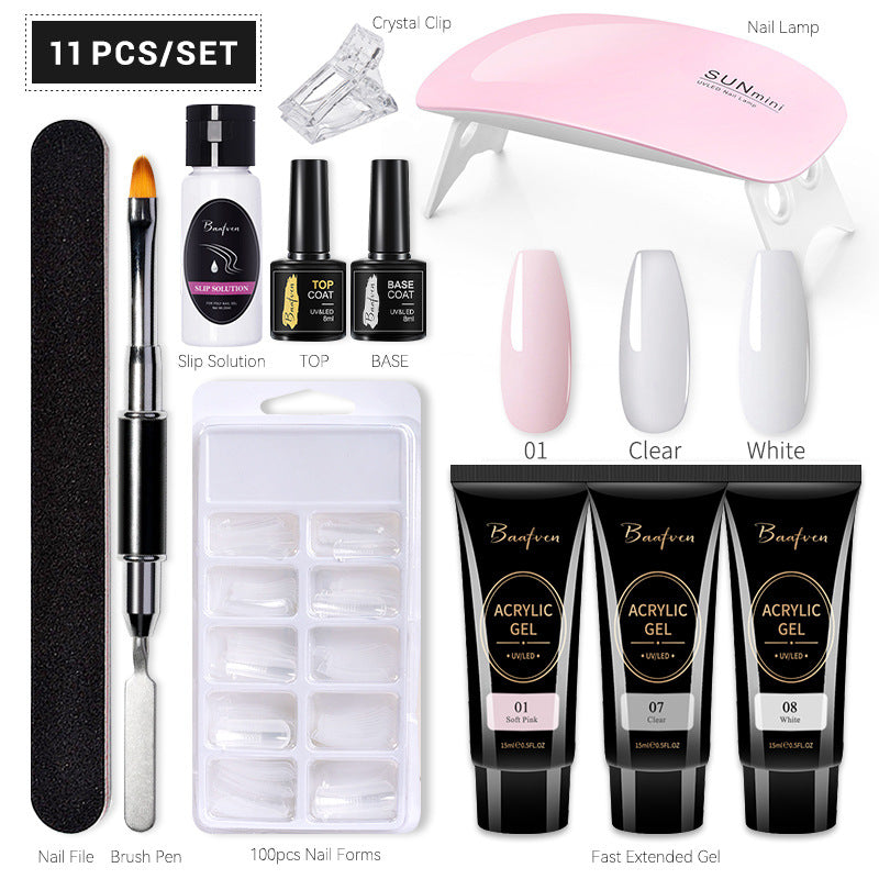 Baafven 11PCS Acrylic Gel Nail Extension Kit | Poly Gel Set with UV LED Nail Lamp, Top & Base Coat, Nail Forms & Tools