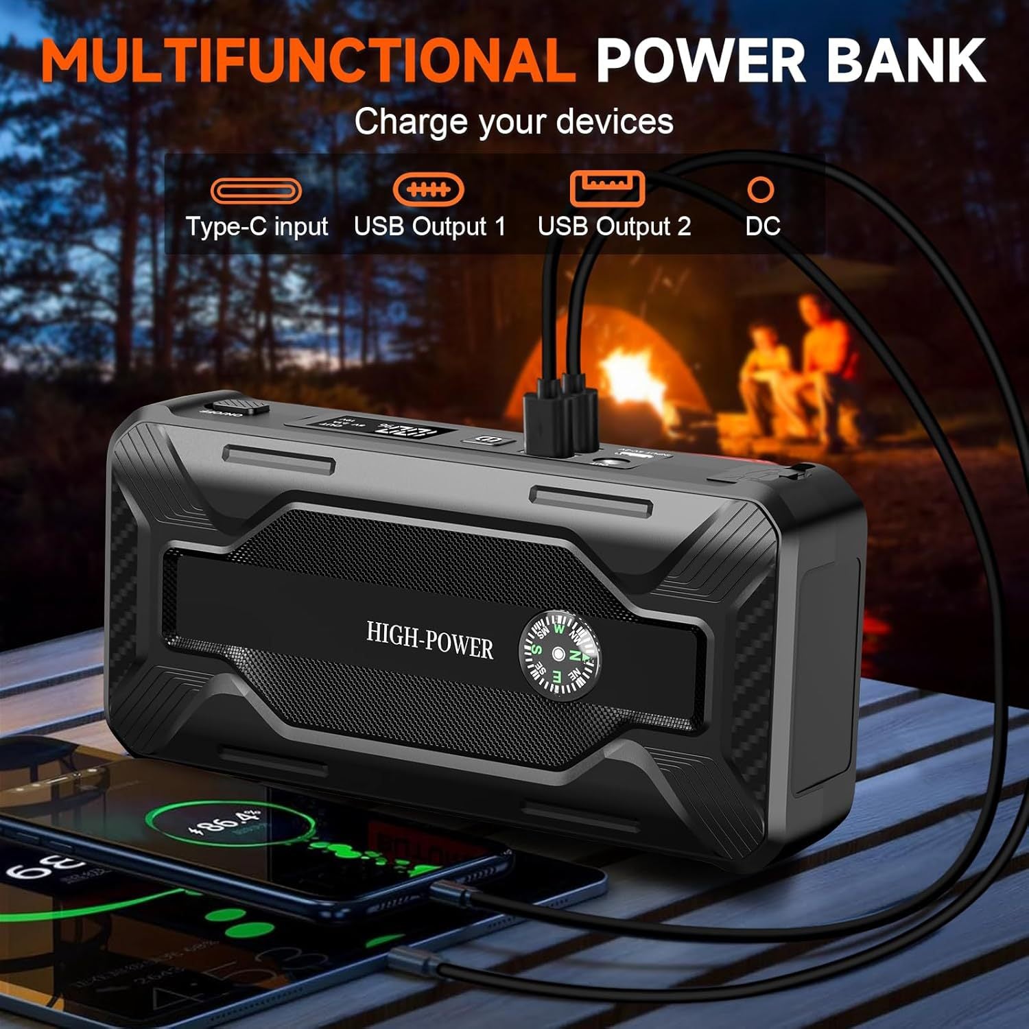 High Power Portable Car Jump Starter with LED Flashlight Compass & USB Power Bank ? Emergency Battery Booster with Carry Case