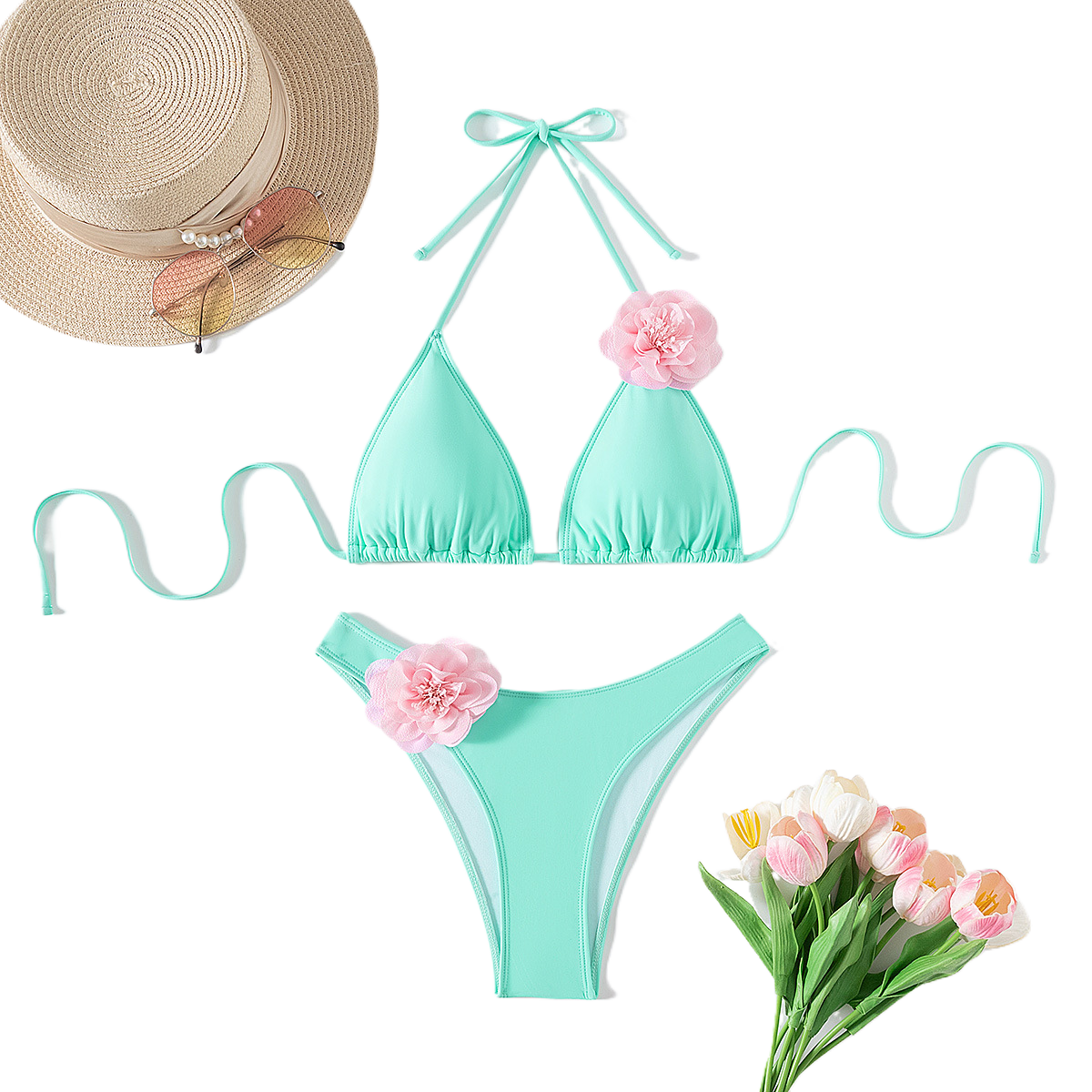 Costume da bagno bikini con applicazioni floreali 3D rosa | Top a triangolo all'americana e slip sgambati | Bikini da donna due pezzi floreale e femminile