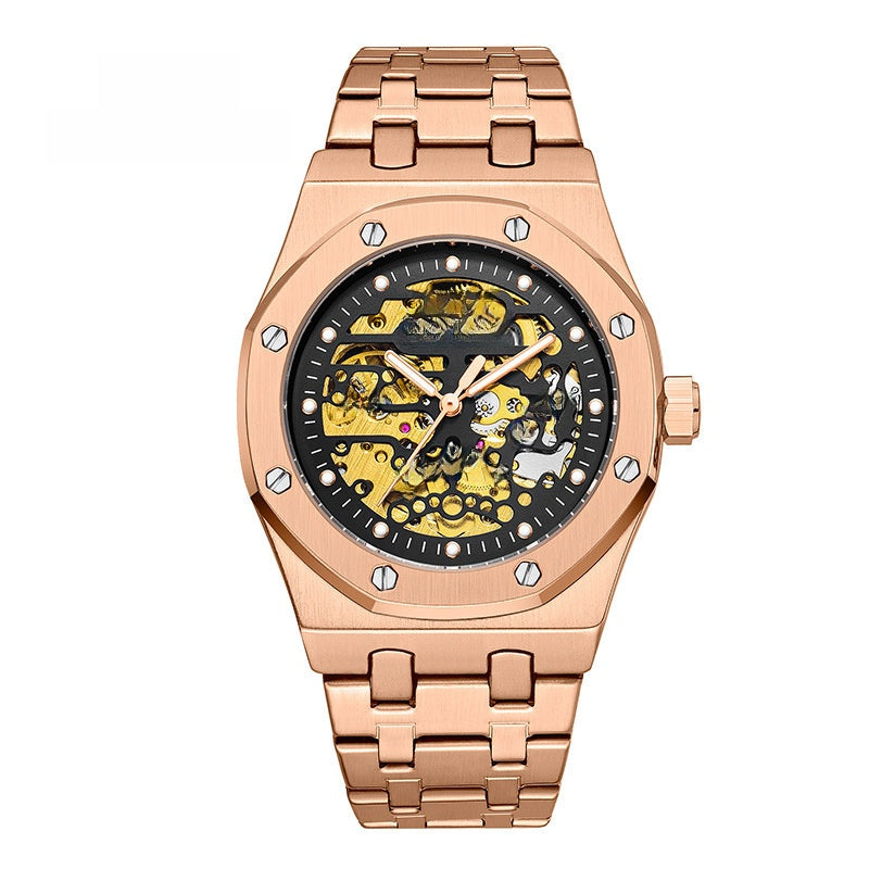 OTM Preisc Time Herren-Skelett-Automatikuhr | Silbernes achteckiges Gehäuse, Goldwerk, 30 m wasserdicht, Royal Oak-Stil 