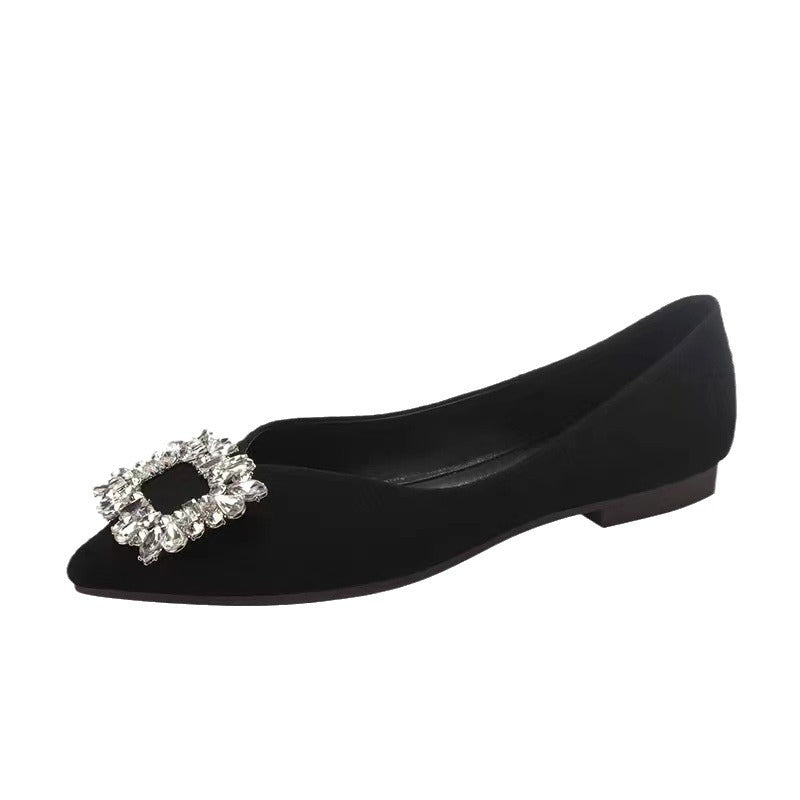 Black Suede Pointed Toe Crystal Brooch Flat Pumps | Rhinestone Square Buckle Embellished Slip-On Ballet Flats for Women