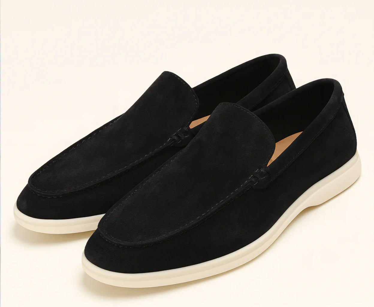 Men's Black Suede Slip-On Loafers | White Rubber Sole Venetian Casual Dress Shoes