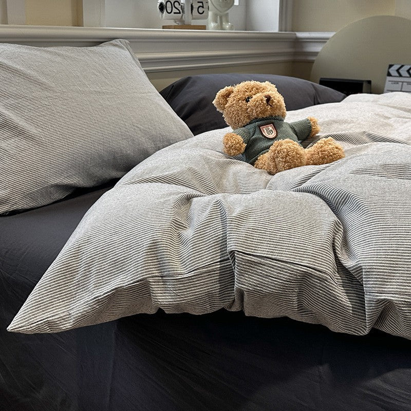 Grey Stripe Cotton Duvet Cover Set | Soft Washed Cotton Bedding Set with Pillowcases | King Queen Full Twin